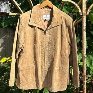Vintage JL Studio distressed suede leather braided trim tan jacket